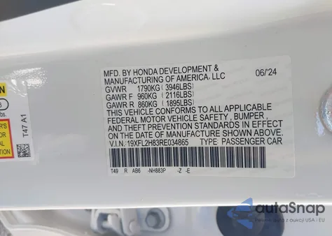 2024 Honda Civic Sport z USA, uszkodzony, nr VIN 19XFL2H83RE034865